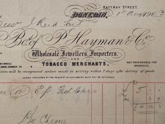 ANTIQUE INVOICE: P. Hayman & Co. Dunedin - Tobacco Merchants 1903 