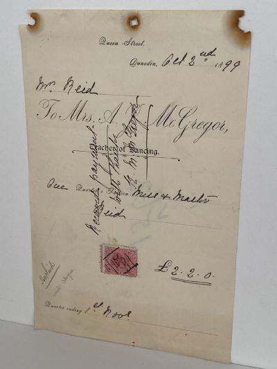 ANTIQUE INVOICE: Mrs. A. McGregor - Teacher of Dancing 1899
