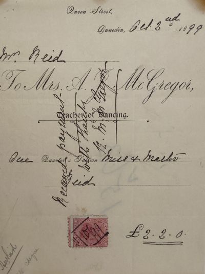 ANTIQUE INVOICE: Mrs. A. McGregor - Teacher of Dancing 1899 