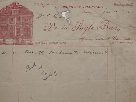 ANTIQUE INVOICE: Ingle Bros. Marton - Broadway Pharmacy 1915 