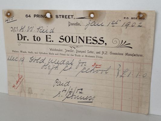 ANTIQUE INVOICE: E. Souness, Dunedin - Watchmaker, Jeweller 1902