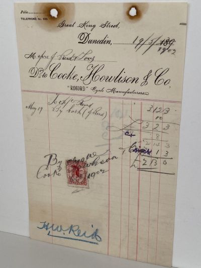 ANTIQUE INVOICE: Cooke, Howlison & Co, Dunedin - Cycles 1902