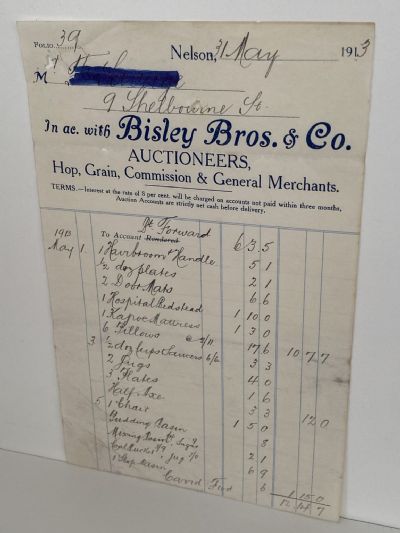 ANTIQUE INVOICE: Bisley Bros & Co, Nelson - Auctioneers 1913