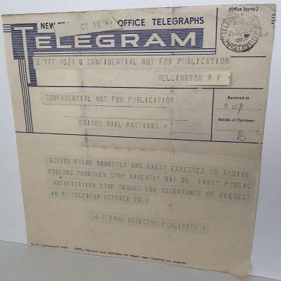 VINTAGE NEW ZEALAND POST OFFICE TELEGRAM - 25 October 1939