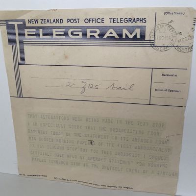 VINTAGE NEW ZEALAND POST OFFICE TELEGRAM - 11 October 1939