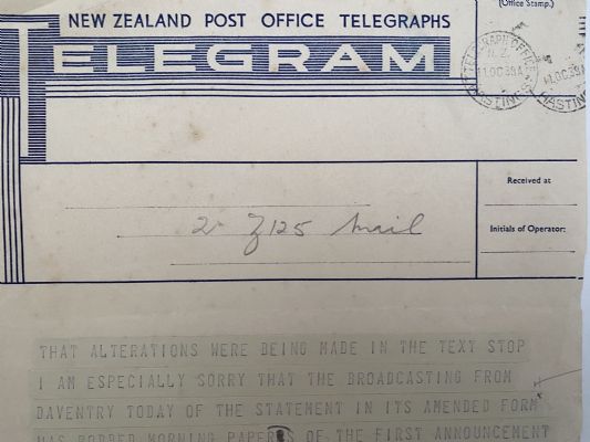 VINTAGE NEW ZEALAND POST OFFICE TELEGRAM - 11 October 1939 