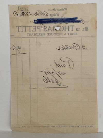 VINTAGE INVOICE: Thomas Pettit, Nelson - Fruit and Produce 1918