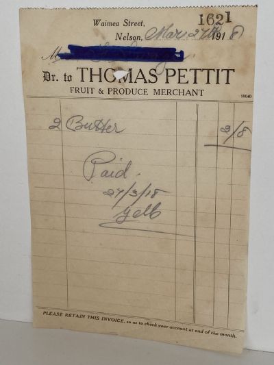 VINTAGE INVOICE: Thomas Pettit, Nelson - Fruit and Produce 1918