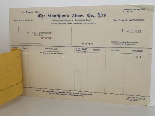 VINTAGE INVOICE: The Southland Times Co. Ltd, Invercargill 1935