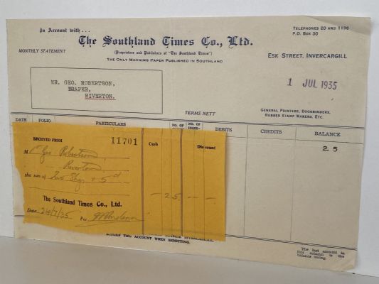 VINTAGE INVOICE: The Southland Times Co. Ltd, Invercargill 1935