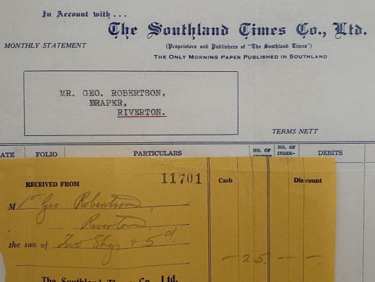 VINTAGE INVOICE: The Southland Times Co. Ltd, Invercargill 1935 