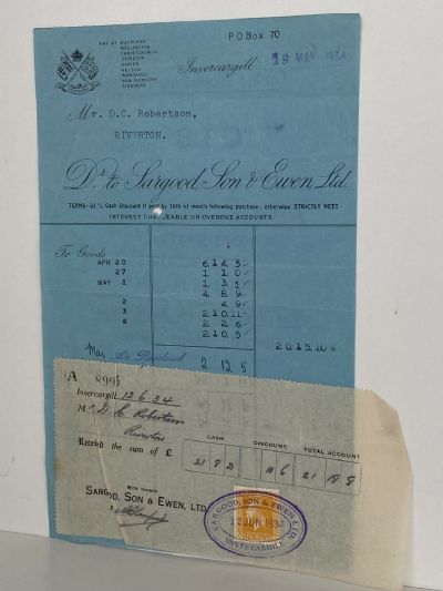 VINTAGE INVOICE: Sargood, Son & Ewen, Invercargill 1934