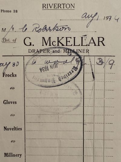VINTAGE INVOICE: G. McKellar, Riverton – Draper and Milliner 1934 
