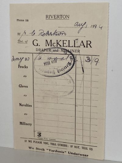 VINTAGE INVOICE: G. McKellar, Riverton – Draper and Milliner 1934