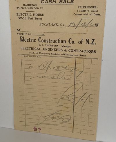VINTAGE INVOICE: Electric Construction Co. Auckland - Electrical Engineers 1948