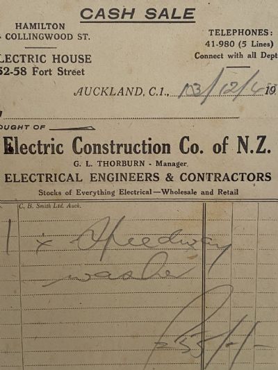 VINTAGE INVOICE: Electric Construction Co. Auckland - Electrical Engineers 1948 