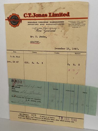 VINTAGE INVOICE: C. T. Jonas Limited, Auckland - Wholesale Warehousemen 1947