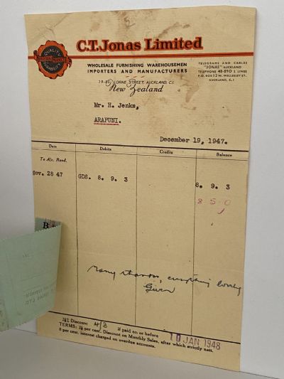 VINTAGE INVOICE: C. T. Jonas Limited, Auckland - Wholesale Warehousemen 1947
