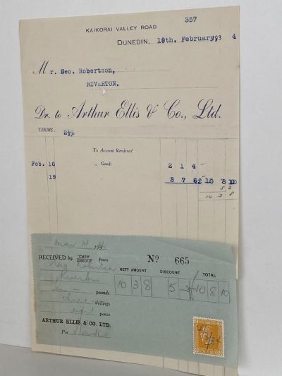 VINTAGE INVOICE: Arthur Ellis & Co. Ltd, Dunedin 1934