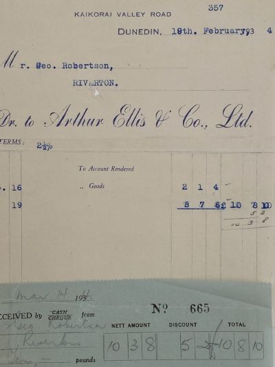 VINTAGE INVOICE: Arthur Ellis & Co. Ltd, Dunedin 1934 