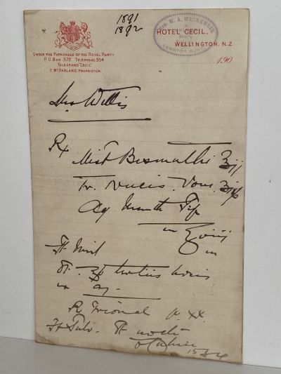 ANTIQUE LETTERHEAD: Hotel Cecil, Wellington 1900