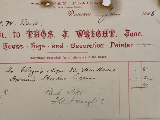 ANTIQUE INVOICE: Thos. J Wright, Junr, Dunedin – Painter and Paperhanger 1899 