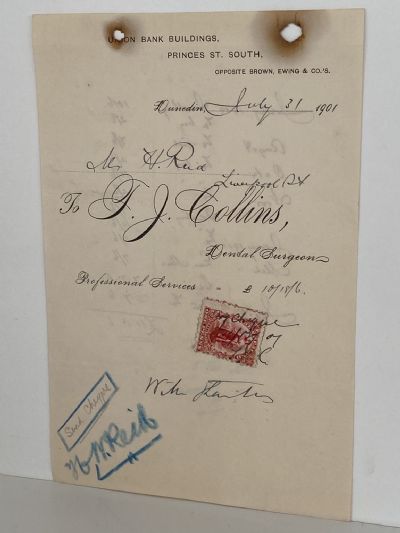 ANTIQUE INVOICE: T. J. Collins, Dunedin - Dental Surgeon 1901