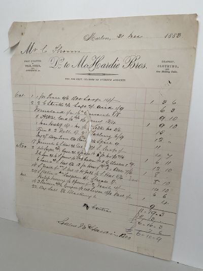 ANTIQUE INVOICE: McHardie Bros, Marton - Groceries, Drapery and Clothing 1883
