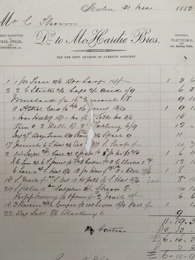 ANTIQUE INVOICE: McHardie Bros, Marton - Groceries, Drapery and Clothing 1883 