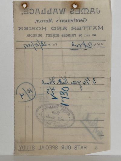 ANTIQUE INVOICE: James Wallace, Dunedin – Gentlemen’s Hatter & Hosier 1907