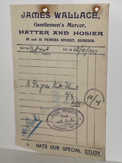 ANTIQUE INVOICE: James Wallace, Dunedin – Gentlemen’s Hatter & Hosier 1907