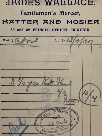 ANTIQUE INVOICE: James Wallace, Dunedin – Gentlemen’s Hatter & Hosier 1907 