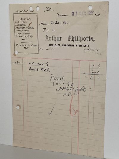 ANTIQUE INVOICE: Arthur Phillpotts, Carterton – Bookseller & Stationer 1925
