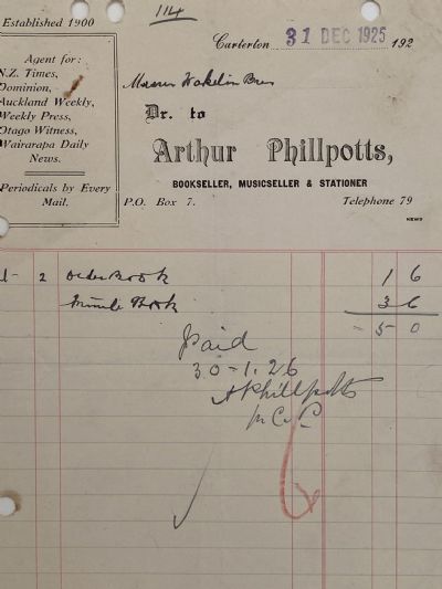 ANTIQUE INVOICE: Arthur Phillpotts, Carterton – Bookseller & Stationer 1925 