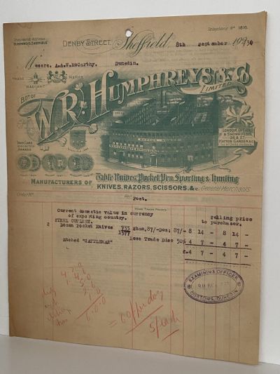 ANTIQUE CUSTOMS DECLARATION: W.R. Humphreys, Sheffield, UK 1913