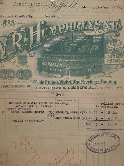 ANTIQUE CUSTOMS DECLARATION: W.R. Humphreys, Sheffield, UK 1913 
