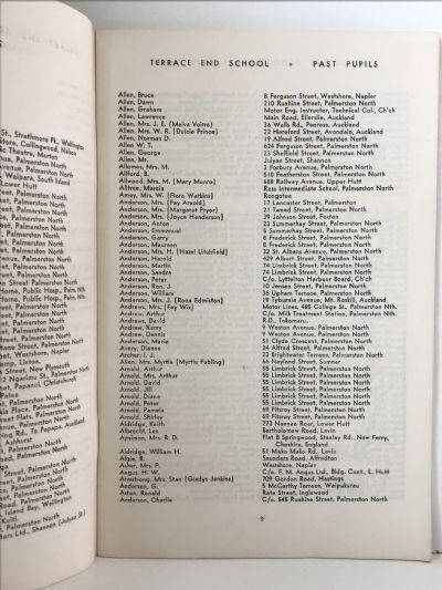 TERRACE END SCHOOL PALMERSTON NORTH: Roll of Past Pupils 1884-1959