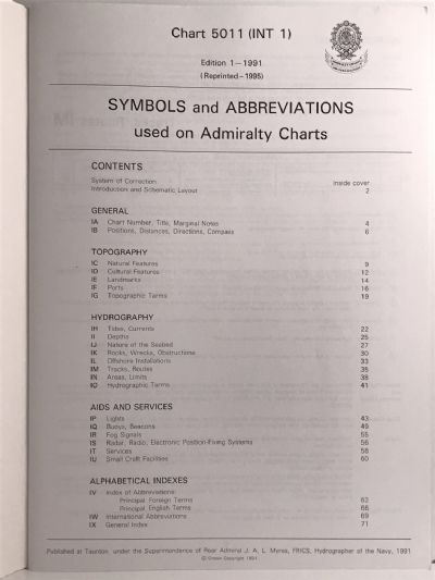 SYMBOLS AND ABBREVIATIONS used on ADMIRALTY CHARTS - Chart 5011, 1991