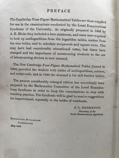 THE CAMBRIDGE FOUR-FIGURE MATHEMATICAL TABLES: 1946 edition