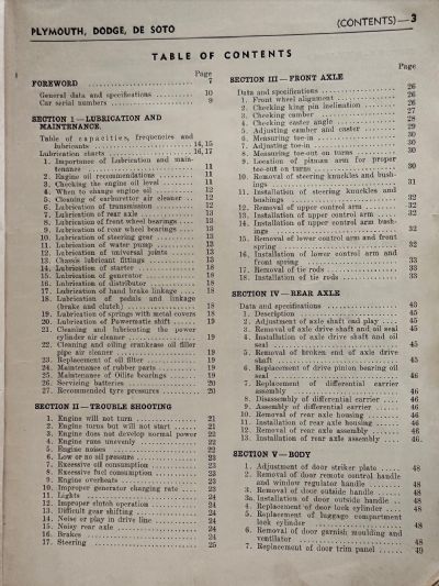 SERVICE MANUAL: Plymouth Dodge De Soto Passenger Cars 1936-1942