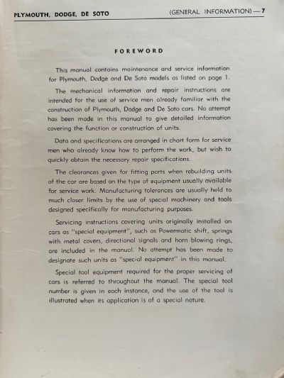 SERVICE MANUAL: Plymouth Dodge De Soto Passenger Cars 1936-1942