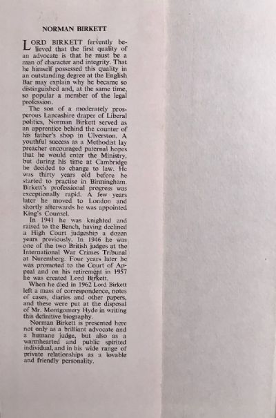 NORMAN BIRKETT: The Life of Lord Birkett of Ulverston