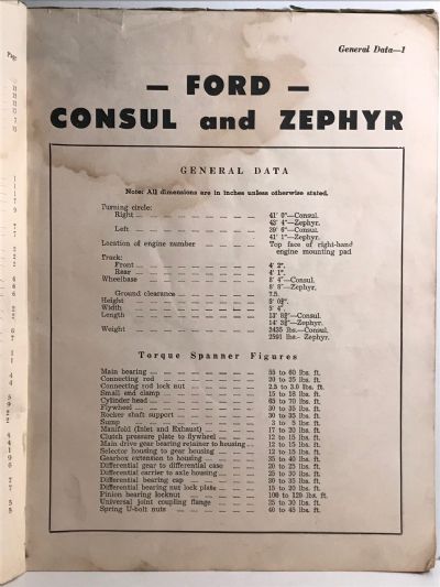 VINTAGE SERVICE MANUAL: Ford Mk 1 Zephyr and Consul 1951 - 1956 revised edition