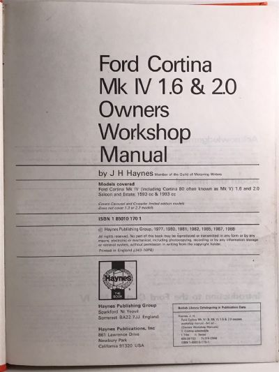 OWNERS WORKSHOP MANUAL: Ford Cortina Mk IV and V 1976 to 1983 1.6 and 2.0