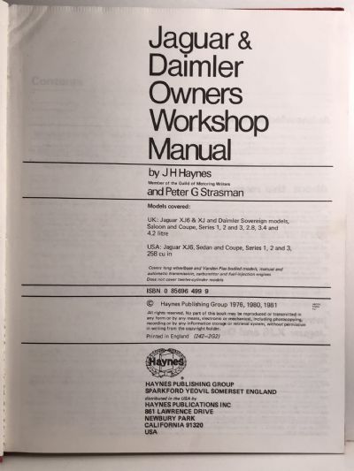 OWNERS WORKSHOP MANUAL: Jaguar Daimler Sovereign XJ6 and XJ 1968 to 1979