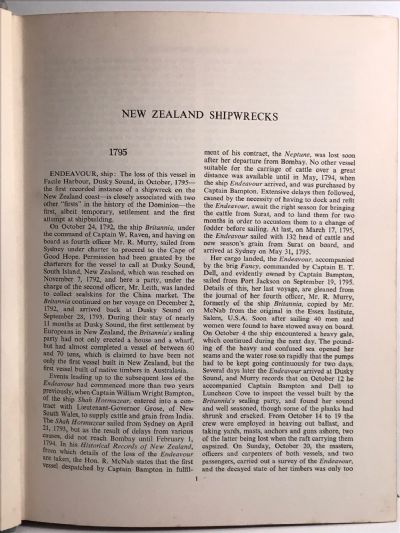 NEW ZEALAND SHIPWRECKS 1795-1960