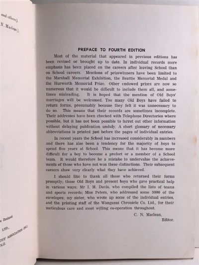 WANGANUI COLLEGIATE School Register 1854 - 1963 4th edition