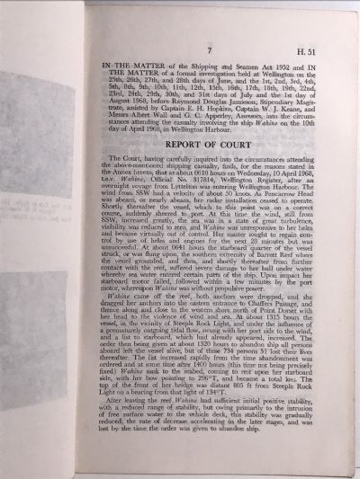 T.E.V. WAHINE (O.N. 317814): Report of Court and Annex Thereto