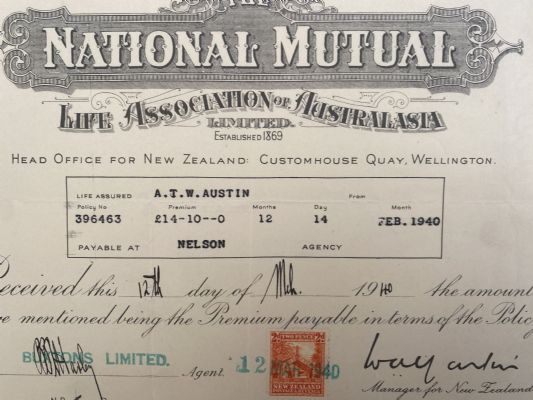 OLD INVOICE / RECEIPT: from National Mutual Life Association, Wellington 1940 