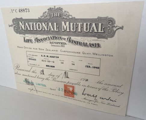 OLD INVOICE / RECEIPT: from National Mutual Life Association, Wellington 1940